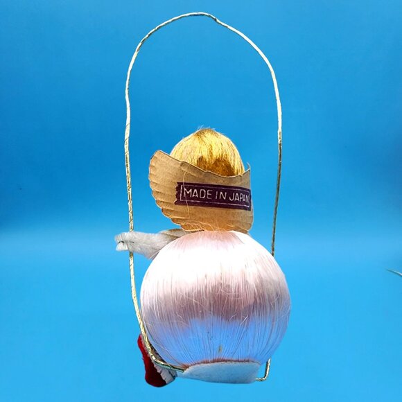 Vintage 1960s Satin Ball Angel Ornament Foil Wings Spun Cotton Composite Face v4 - Picture 5 of 8